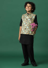 Kalki Multicolor Bandi Jacket And Black Kurta Set In Silk For Boys