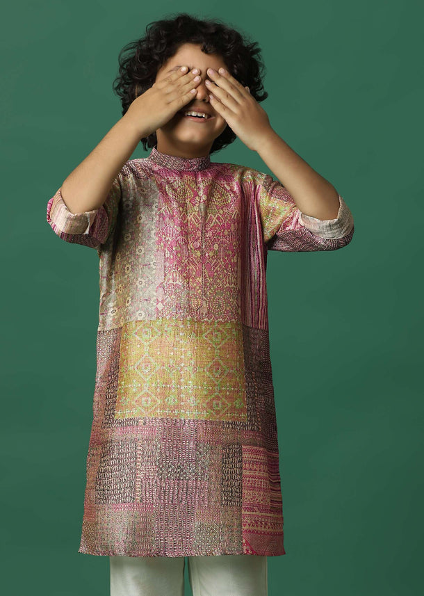 Kalki Multicolor Block Print Kurta Set In Silk For Boys