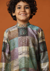 Kalki Multicolor Block Printed Kurta Set In Silk For Boys