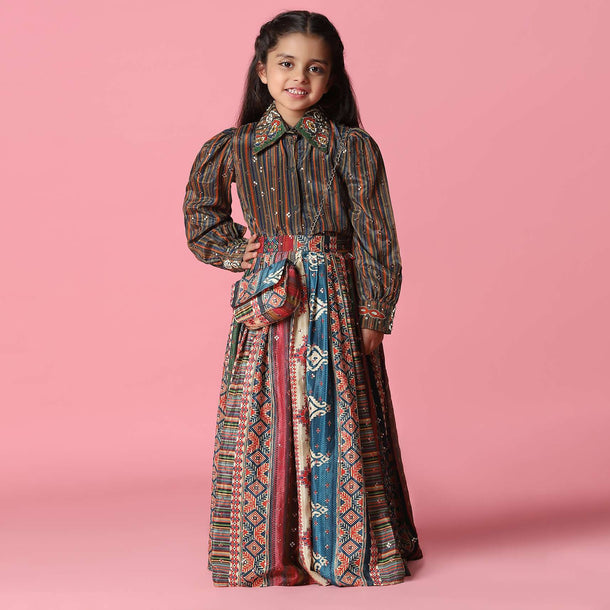 Kalki Multicolor Embroidered Skirt And Top Set In Satin Blend For Girls