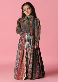 Kalki Multicolor Embroidered Skirt And Top Set In Satin Blend For Girls