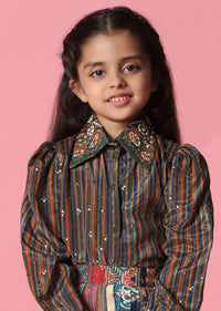 Kalki Multicolor Embroidered Skirt And Top Set In Satin Blend For Girls