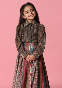 Kalki Multicolor Embroidered Skirt And Top Set In Satin Blend For Girls