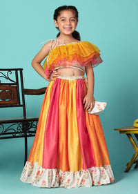 Kalki Multicolor Printed Top And Lehenga Set In Cotton Silk For Girls