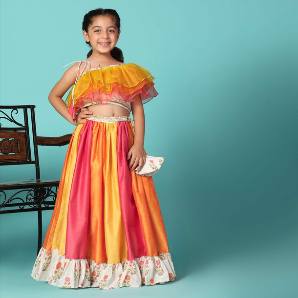 Kalki Multicolor Printed Top And Lehenga Set In Cotton Silk For Girls