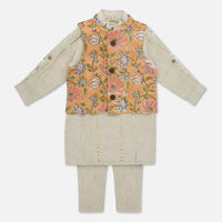 Kalki Mustard Yellow Floral Printed Jacket Kurta Set In Cotton For Boys