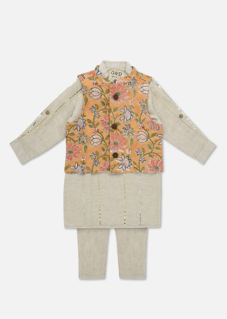 Kalki Mustard Yellow Floral Printed Jacket Kurta Set In Cotton For Boys