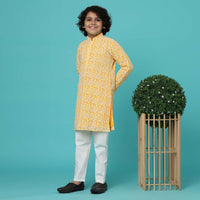 KALKI Mustard Yellow Kurta Set With Threadwork For Boys