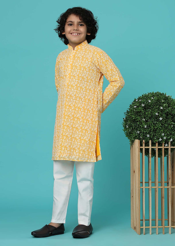 KALKI Mustard Yellow Kurta Set With Threadwork For Boys