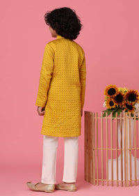 KALKI Mustard Yellow Silk Kurta Set With Embroidery For Boys