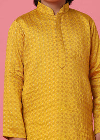 KALKI Mustard Yellow Silk Kurta Set With Embroidery For Boys