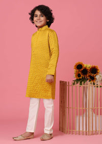 KALKI Mustard Yellow Silk Kurta Set With Embroidery For Boys