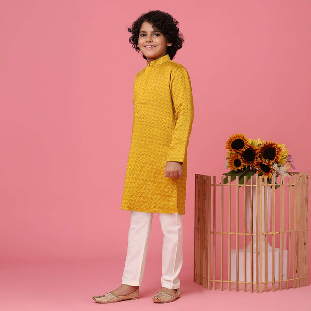 KALKI Mustard Yellow Silk Kurta Set With Embroidery For Boys