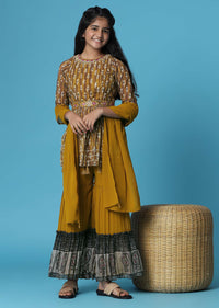 Kalki Mustard Yellow Printed Kurti And Sharara Set In Georgette For Girls