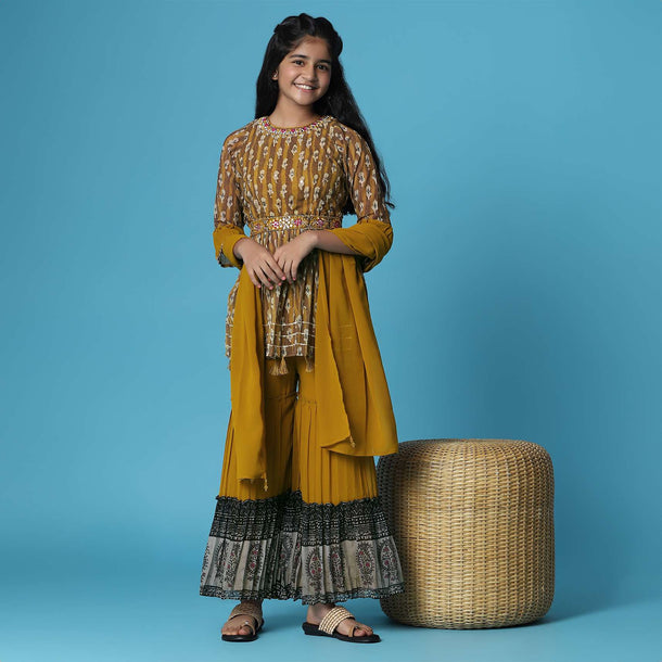 Kalki Mustard Yellow Printed Kurti And Sharara Set In Georgette For Girls