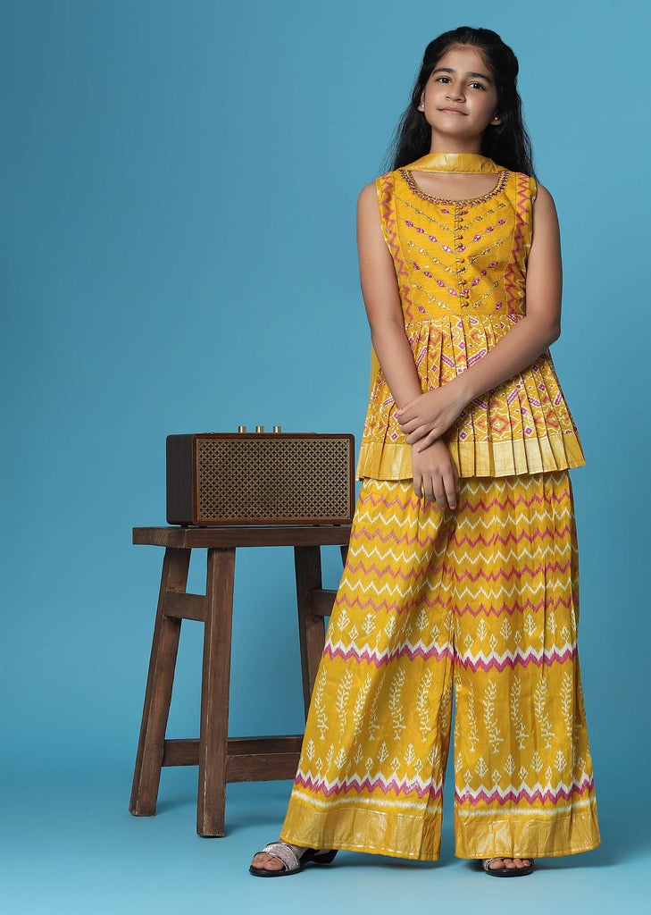 Kalki Mustard Yellow Printed Silk Kurti And Palazzo Set For Girls