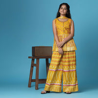 Kalki Mustard Yellow Printed Silk Kurti And Palazzo Set For Girls