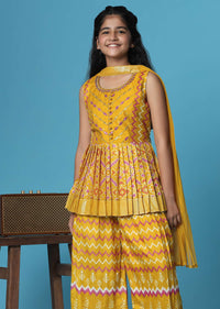 Kalki Mustard Yellow Printed Silk Kurti And Palazzo Set For Girls