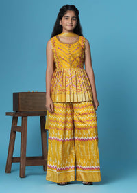 Kalki Mustard Yellow Printed Silk Kurti And Palazzo Set For Girls