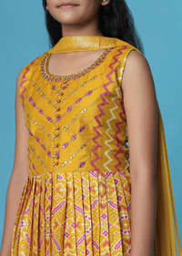 Kalki Mustard Yellow Printed Silk Kurti And Palazzo Set For Girls