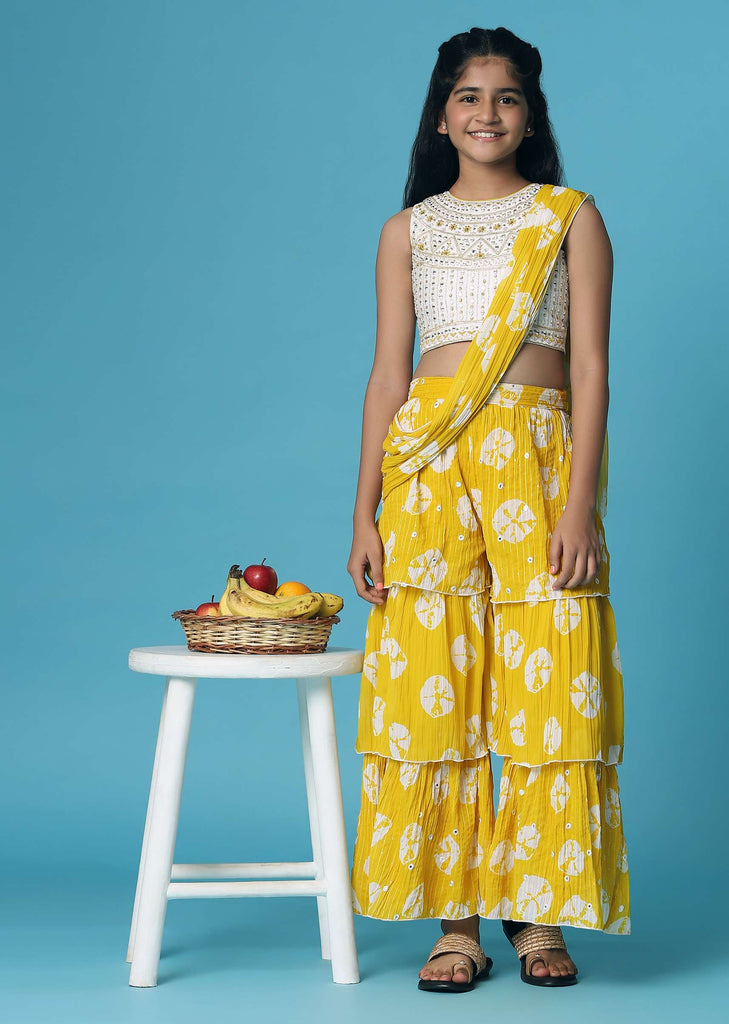 Kalki Mustard Yellow Top And Palazzo Set In Georgette With Mirror Work For Girls