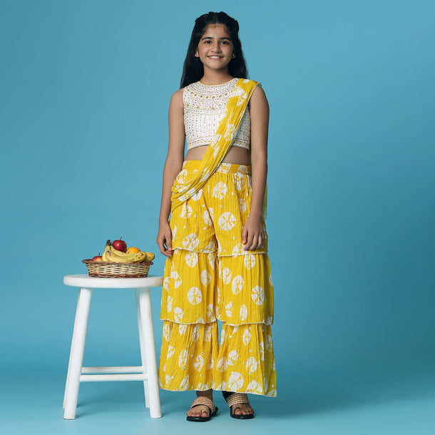 Kalki Mustard Yellow Top And Palazzo Set In Georgette With Mirror Work For Girls