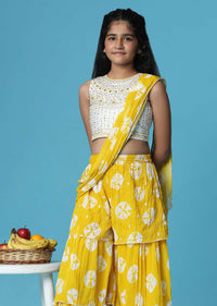 Kalki Mustard Yellow Top And Palazzo Set In Georgette With Mirror Work For Girls