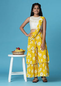 Kalki Mustard Yellow Top And Palazzo Set In Georgette With Mirror Work For Girls