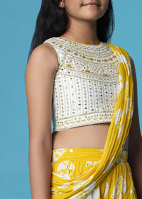 Kalki Mustard Yellow Top And Palazzo Set In Georgette With Mirror Work For Girls