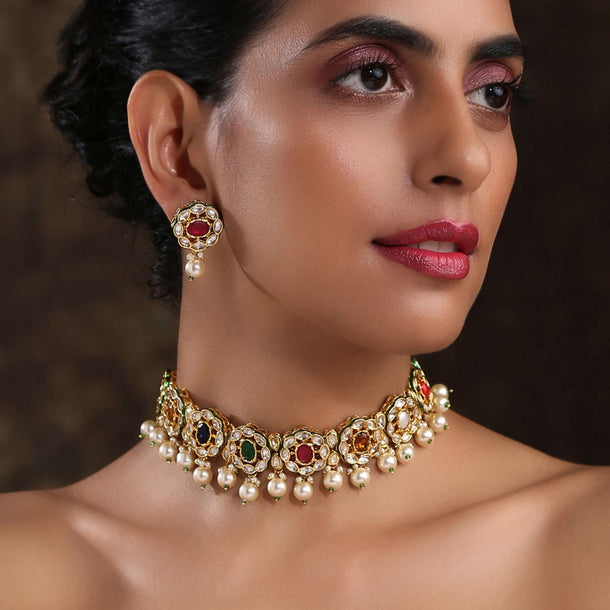 Navratana Gold Plated Kundan Necklace Set