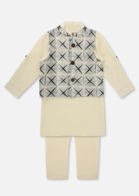 Kalki Navy Blue Printed Kurta Jacket Set In Cotton For Boys