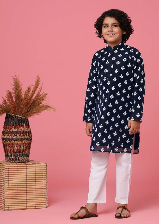 KALKI Navy Blue Kurta Set With Threadwork For Boys