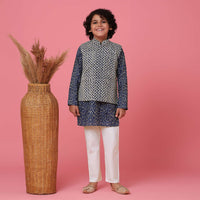 KALKI Navy Blue Jacket Kurta Set With Thread Embroidery For Boys