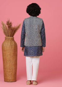 KALKI Navy Blue Jacket Kurta Set With Thread Embroidery For Boys