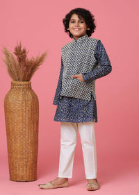 KALKI Navy Blue Jacket Kurta Set With Thread Embroidery For Boys