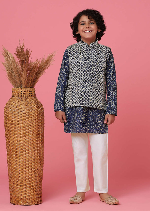 KALKI Navy Blue Jacket Kurta Set With Thread Embroidery For Boys