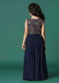 Kalki Navy Blue Embroidered Top And Palazzo Set With Jacket In Georgette For Girls