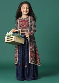 Kalki Navy Blue Embroidered Top And Palazzo Set With Jacket In Georgette For Girls