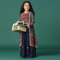 Kalki Navy Blue Embroidered Top And Palazzo Set With Jacket In Georgette For Girls