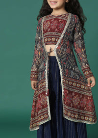 Kalki Navy Blue Embroidered Top And Palazzo Set With Jacket In Georgette For Girls