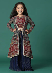 Kalki Navy Blue Embroidered Top And Palazzo Set With Jacket In Georgette For Girls