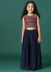 Kalki Navy Blue Embroidered Top And Palazzo Set With Jacket In Georgette For Girls