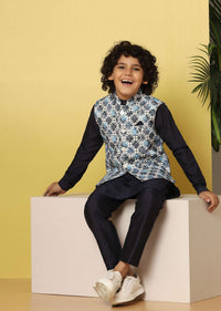 Kalki Navy Blue Bandi Jacket And Kurta Set In Silk With Threadwork For Boys