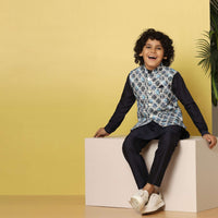 Kalki Navy Blue Bandi Jacket And Kurta Set In Silk With Threadwork For Boys