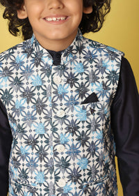 Kalki Navy Blue Bandi Jacket And Kurta Set In Silk With Threadwork For Boys