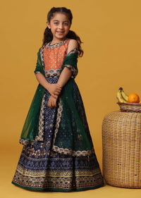 Kalki Navy Blue Embroiderd Lehenga And Blouse Set In Silk For Girls