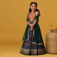 Kalki Navy Blue Embroiderd Lehenga And Blouse Set In Silk For Girls