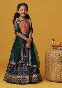 Kalki Navy Blue Embroiderd Lehenga And Blouse Set In Silk For Girls