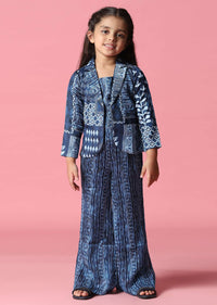 Kalki Navy Blue Embroidered Palazzo Top Set With Jacket In Satin Blend For Girls