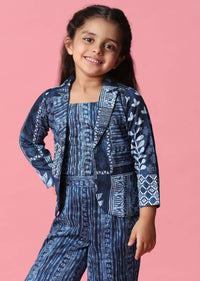 Kalki Navy Blue Embroidered Palazzo Top Set With Jacket In Satin Blend For Girls